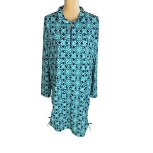 AmberNoon Il Turquoise Tile‎ Half Zip Swim Cover Up Long Sleeve Tunic Dress XL